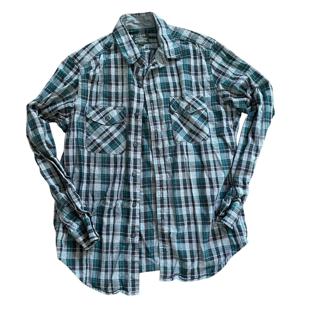 Men's J Crew Heavyweight Flannel Shirt Size Medium Green‎ Black Gray Plaid